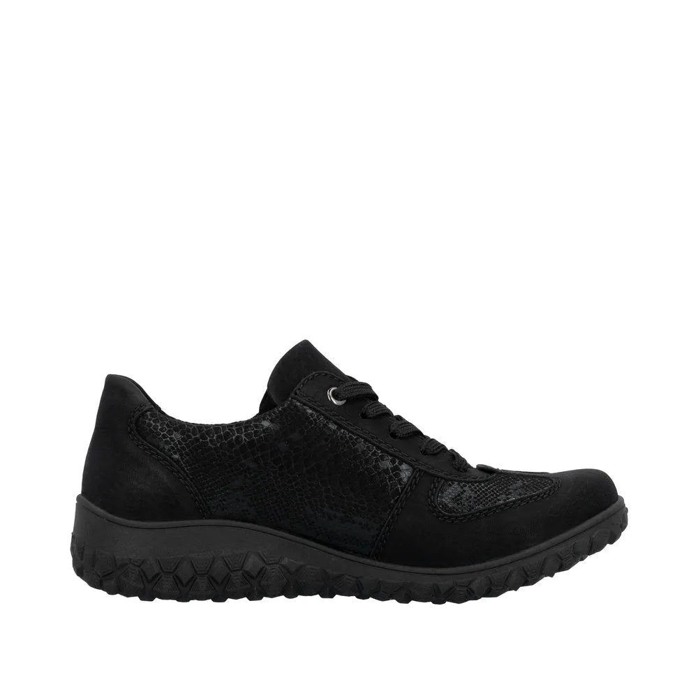 Rieker 59501-00 ladies black trainers with zip and lace-up closure, textured and smooth faux leather upper, cushioned sole.