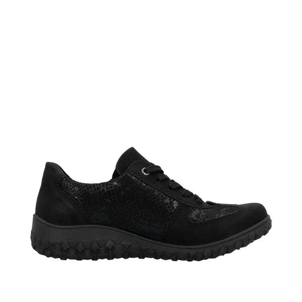 Rieker 59501-00 ladies black trainers with zip and lace-up closure, textured and smooth faux leather upper, cushioned sole.