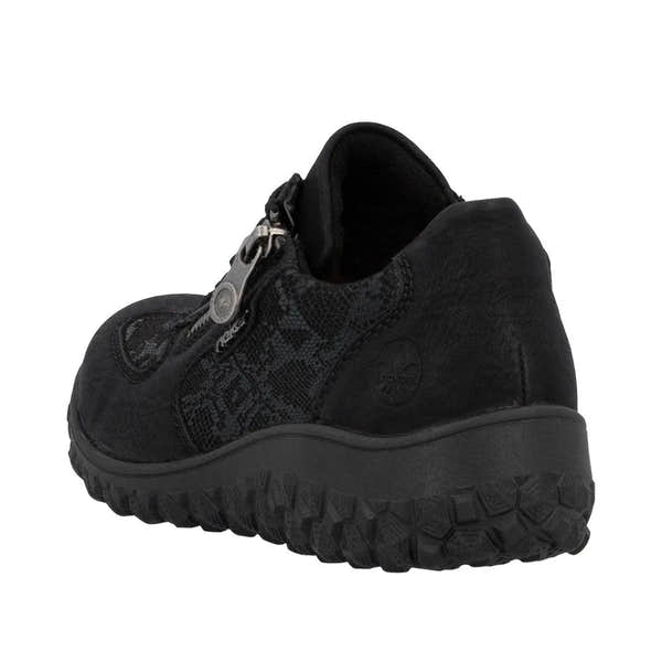 Rieker 59501-00 women's black trainers with zip and lace-up closure, textured fabric, cushioned sole, and rugged outsole.