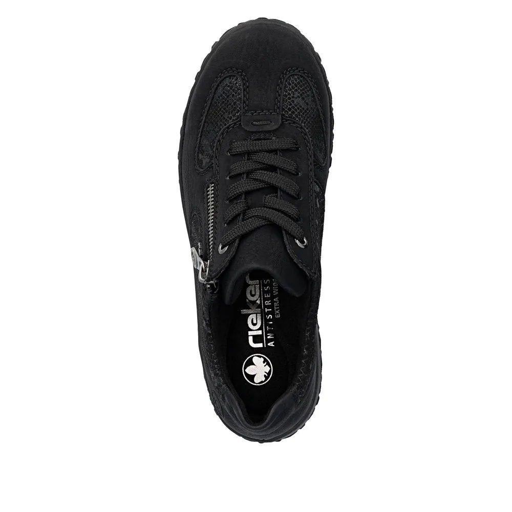 Rieker 59501-00 women's black trainers with lace-up and zip fastening, cushioned sole, sporty design, suitable for casual wear.