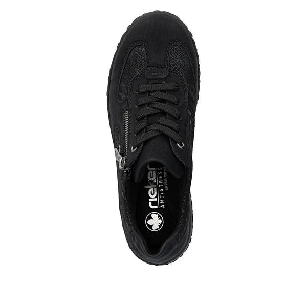 Rieker 59501-00 women's black trainers with lace-up and zip fastening, cushioned sole, sporty design, suitable for casual wear.