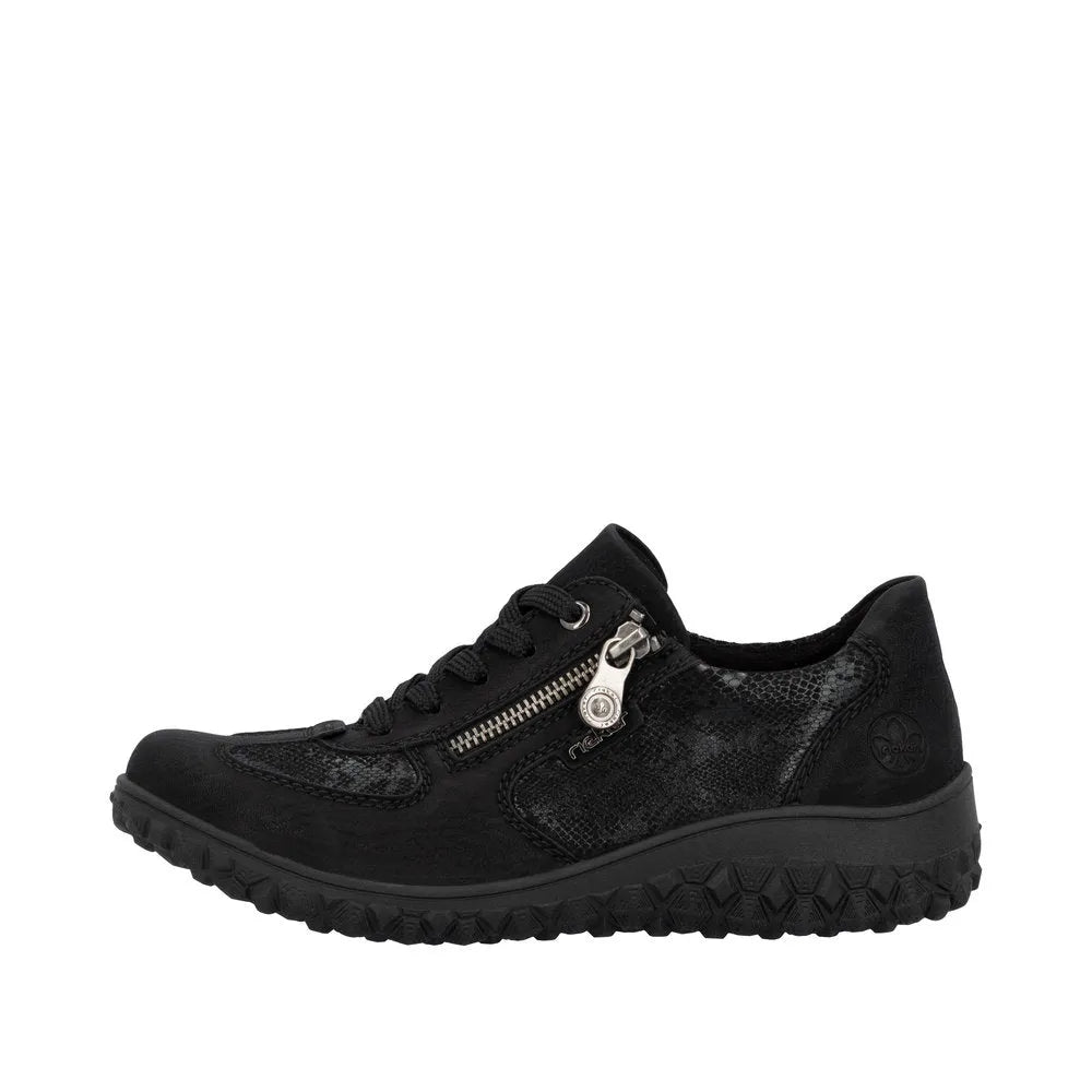 Rieker 59501-00 women's black trainers with zip and lace-up closure, slip-resistant sole, stylish textured details, and zipper accents.
