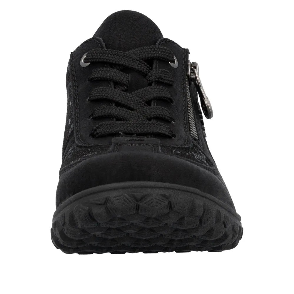 Rieker 59501-00 women's black lace-up trainers with side zipper, cushioned sole, and sporty design.