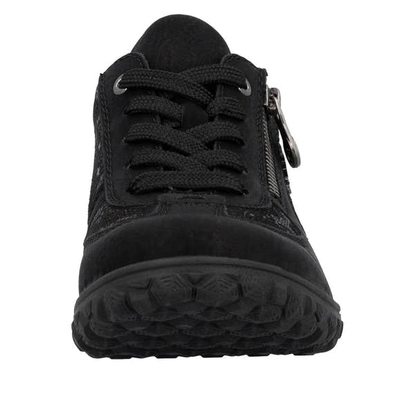 Rieker 59501-00 women's black lace-up trainers with side zipper, cushioned sole, and sporty design.