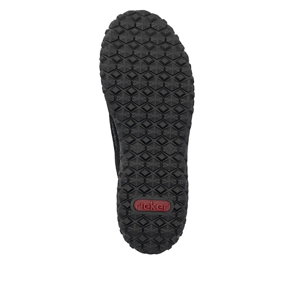 Rieker 59501-00 ladies black zip and lace trainers with textured sole and red Rieker logo at heel.