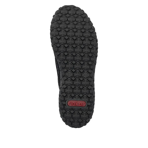 Rieker 59501-00 ladies black zip and lace trainers with textured sole and red Rieker logo at heel.