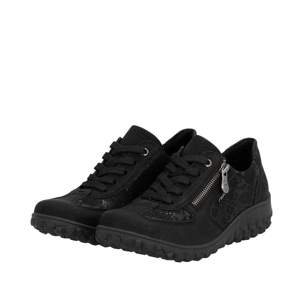 Rieker 59501-00 ladies black zip and lace trainer shoes with textured design and rugged sole.
