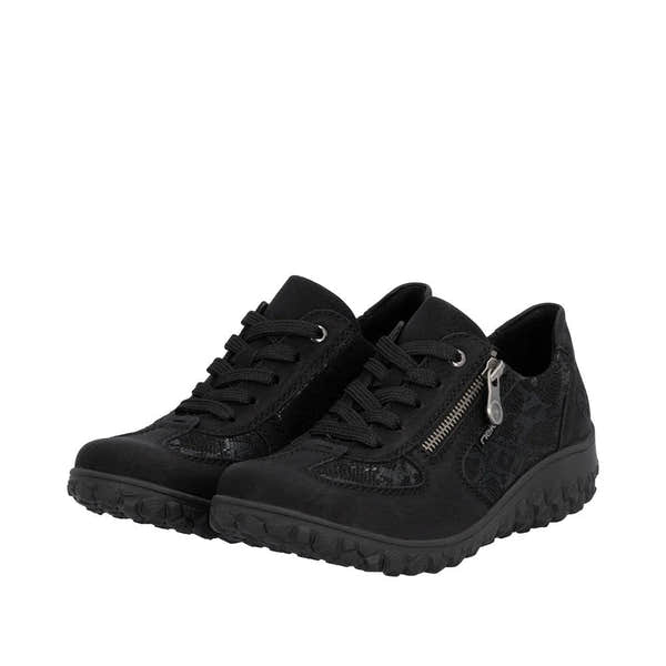 Rieker 59501-00 ladies black zip and lace trainer shoes with textured design and rugged sole.