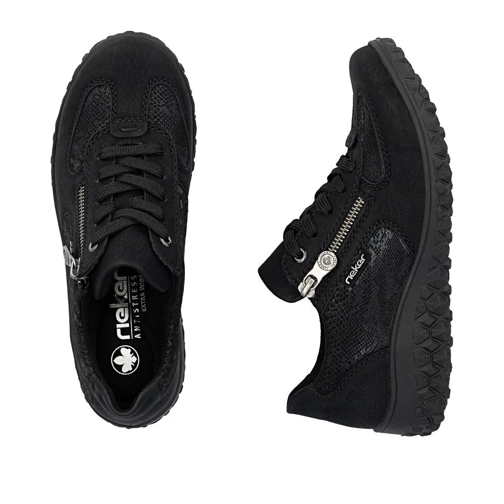 Rieker 59501-00 women's black lace-up trainers with zip detail, cushioned sole, and textured upper for casual wear.