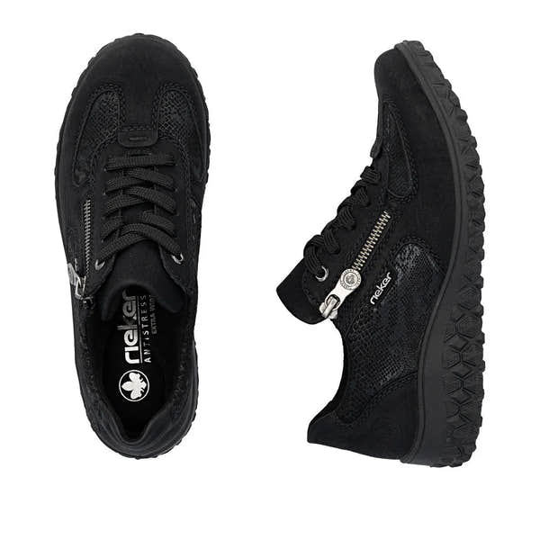 Rieker 59501-00 women's black lace-up trainers with zip detail, cushioned sole, and textured upper for casual wear.