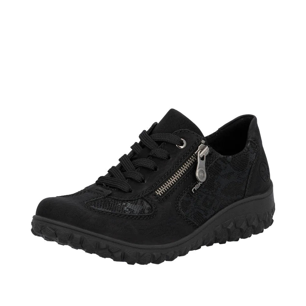 Rieker 59501-00 women's black trainers with zip and lace closure, synthetic upper, and rugged sole for outdoor comfort.
