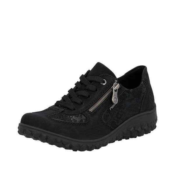 Rieker 59501-00 women's black trainers with zip and lace closure, synthetic upper, and rugged sole for outdoor comfort.