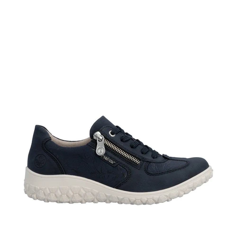 Rieker 59501-14 women's wide-fit navy/black lace-up shoes with zip, synthetic materials, textured sole, and floral pattern details.