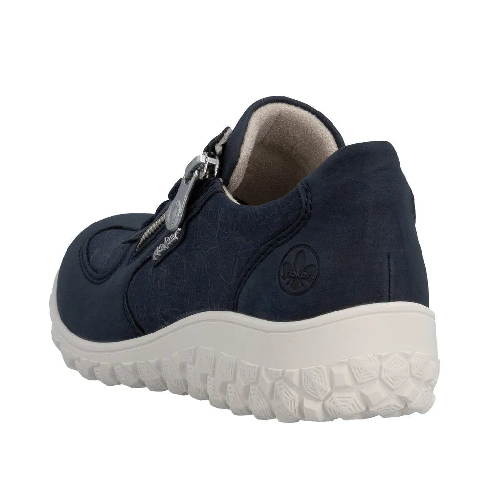 Rieker 59501-14 ladies wide fit navy shoes with zip and lace, perforated design, cushioned interior, and white textured sole.
