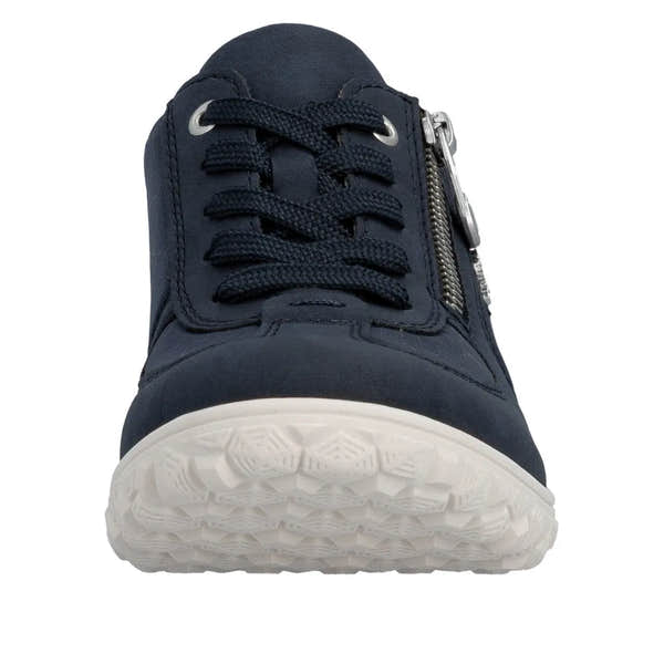 Navy blue Rieker women's lace-up sneaker with side zipper, white sole, and wide fit, made of smooth material.