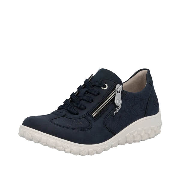 Rieker 59501-14 ladies wide fit navy blue casual shoes with floral pattern, lace-up and side zipper, white rubber sole.