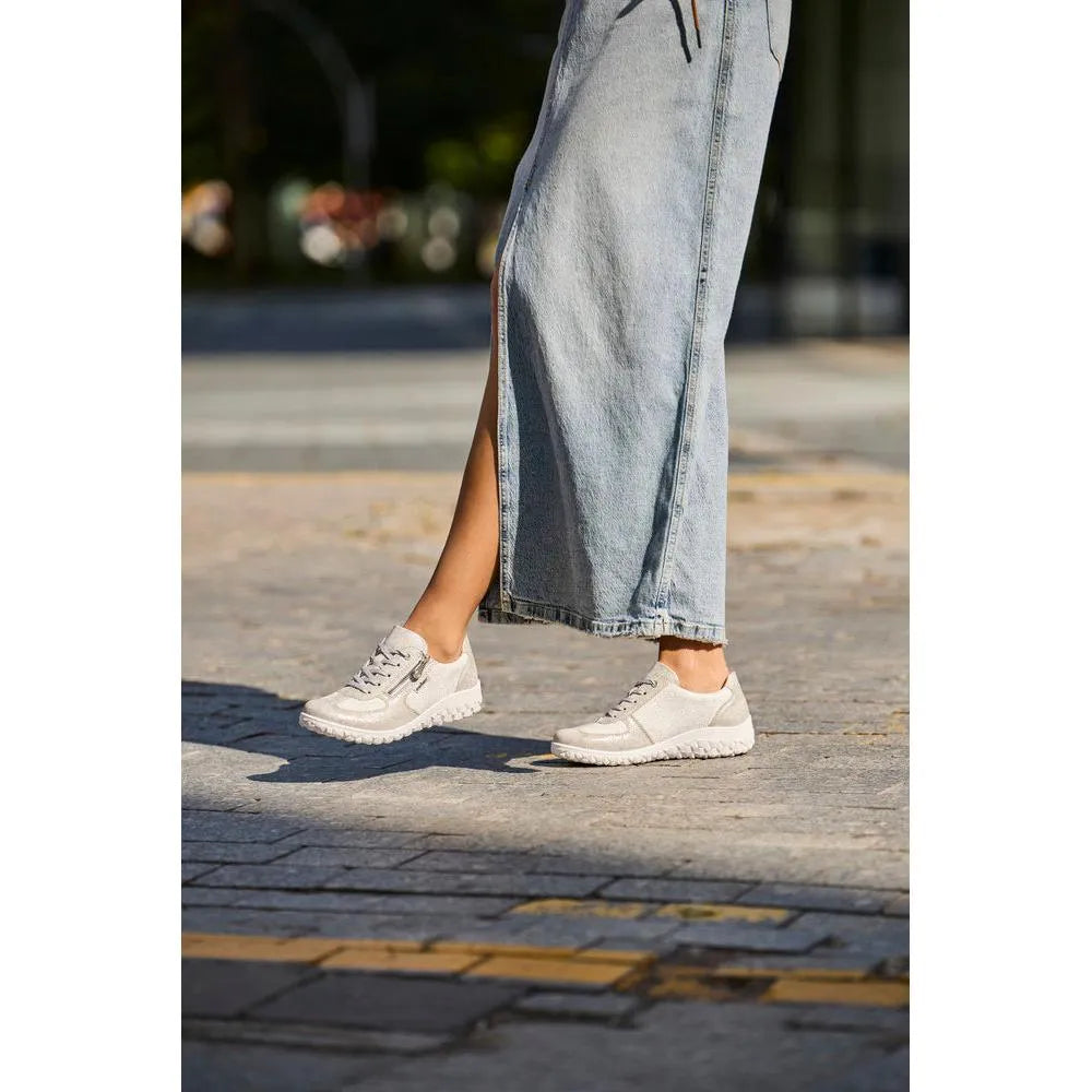 Rieker 59501-90 ladies wide fit white and silver zip and lace shoes, casual style with materials and details visible.