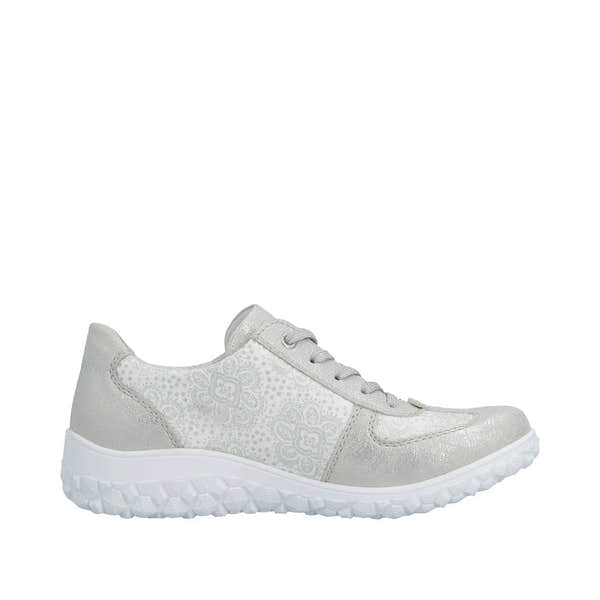Rieker women's wide white lace-up shoe with silver accents, floral pattern, zip and lace closure, textured sole.
