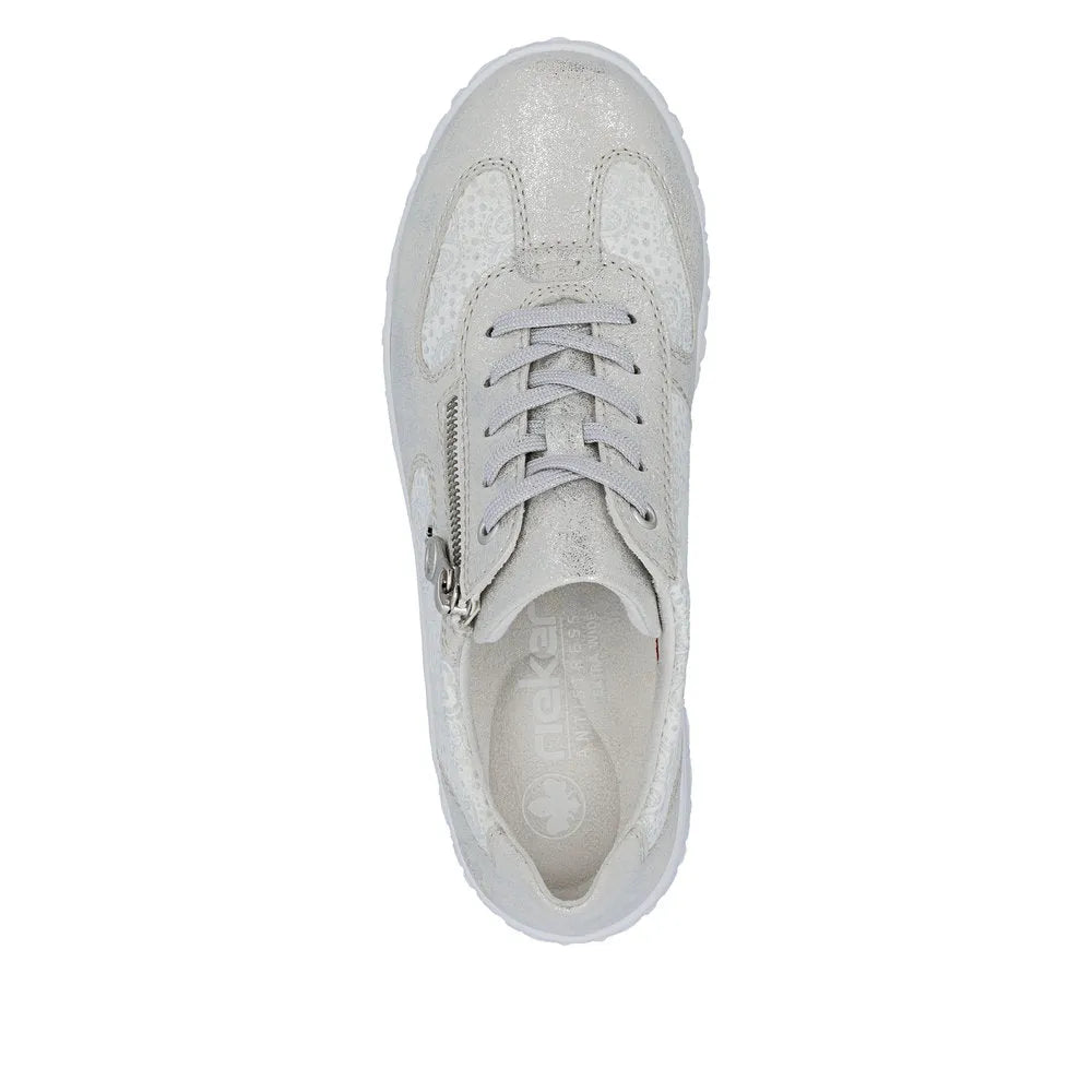 Rieker 59501-90 women's wide white and silver lace-up shoes with zipper detail, cushioned interior, and perforated design.