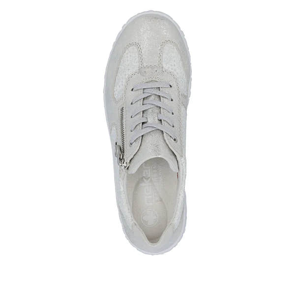 Rieker 59501-90 women's wide white and silver lace-up shoes with zipper detail, cushioned interior, and perforated design.