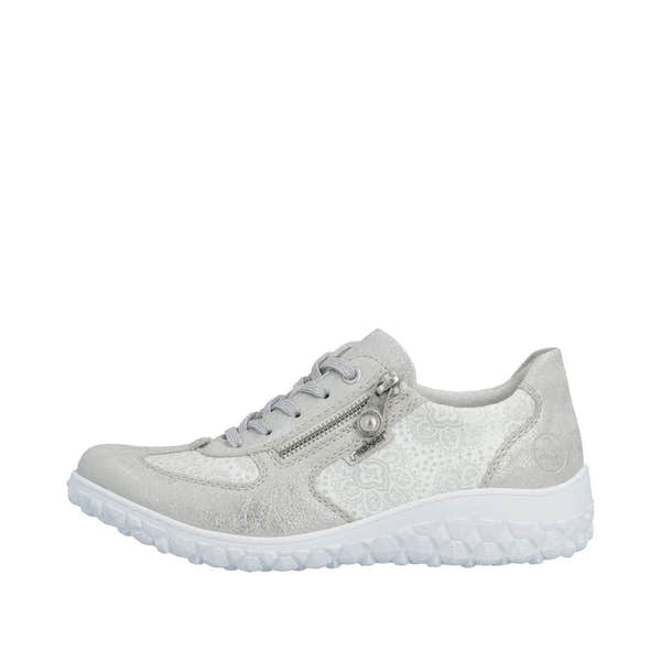 Rieker 59501-90 ladies wide white and silver lace-up shoes with zipper detail, textured materials, and chunky white sole.