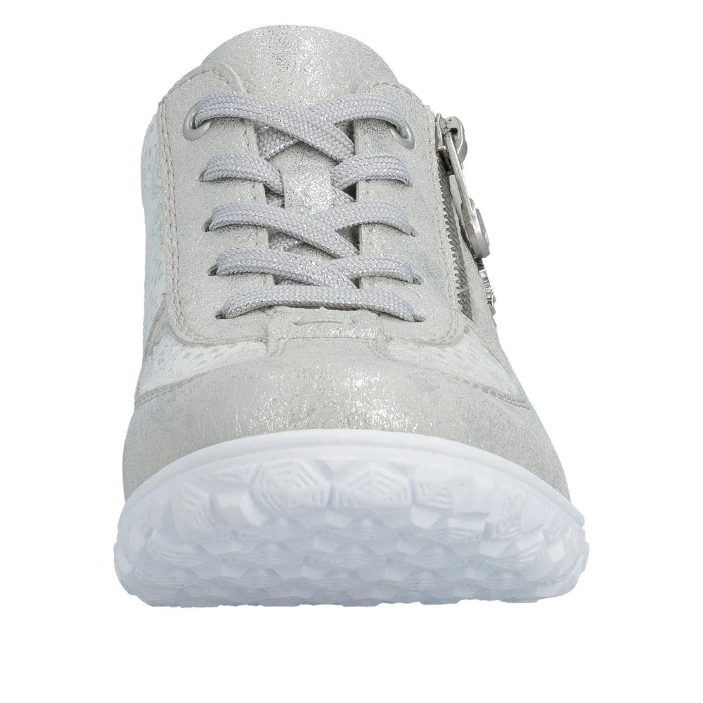 Rieker 59501-90 women's wide white and silver sneakers with lace, zipper detail, and textured material.