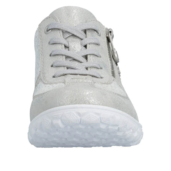 Rieker 59501-90 women's wide white and silver sneakers with lace, zipper detail, and textured material.