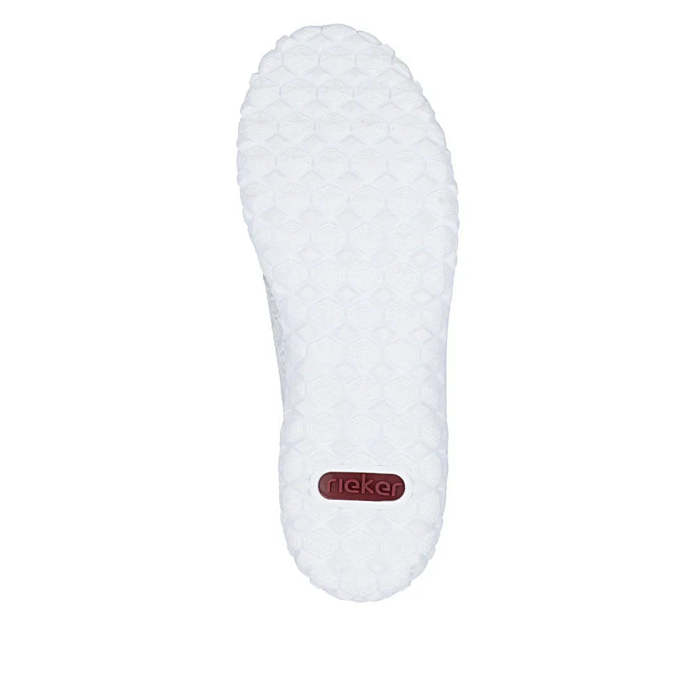 White and silver slip-on shoes with zip and lace detailing, textured sole, and 