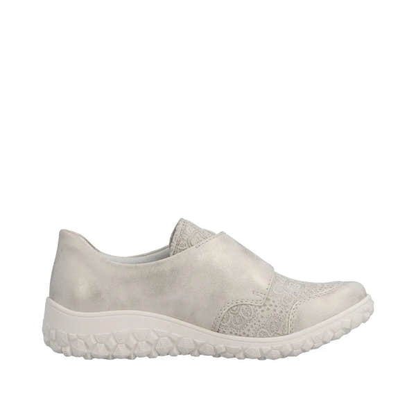 Rieker 59552-62 ladies wide-fit cream touch fastening shoes with decorative side pattern and textured rubber sole.