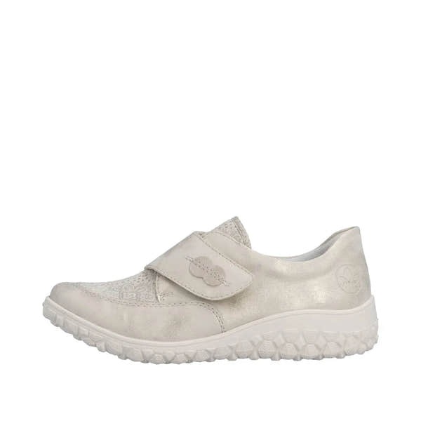 Cream wide-fit touch-fastening shoes with textured material and cushioned sole, featuring a velcro strap for easy wear.
