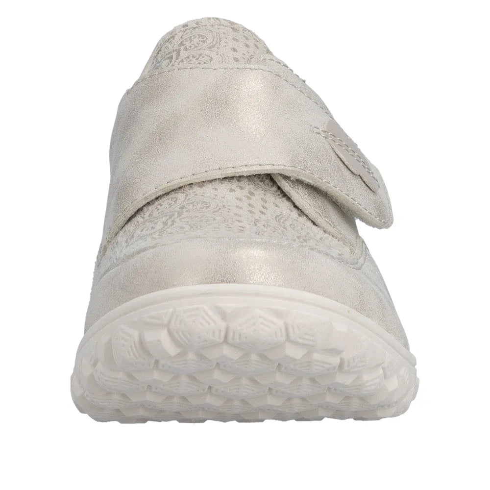 Cream touch fastening ladies' wide shoes with textured and smooth materials, cushioned sole, and Velcro strap for easy wear.