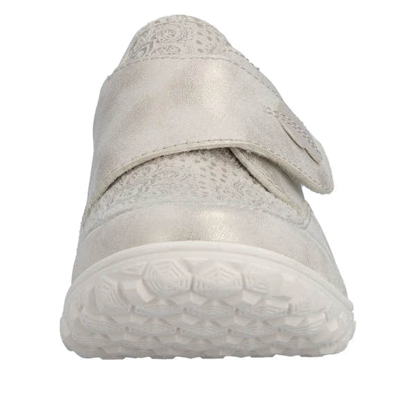 Cream touch fastening ladies' wide shoes with textured and smooth materials, cushioned sole, and Velcro strap for easy wear.