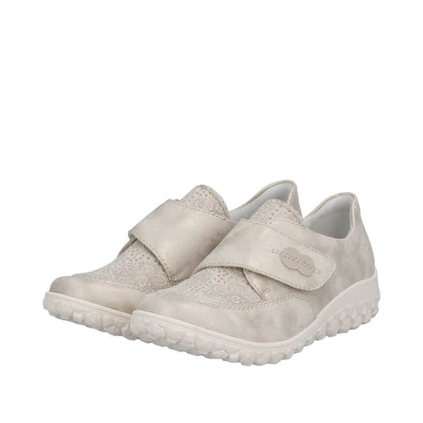 Cream-colored wide fit touch fastening shoes with lace detail, cushioned sole, and breathable material.