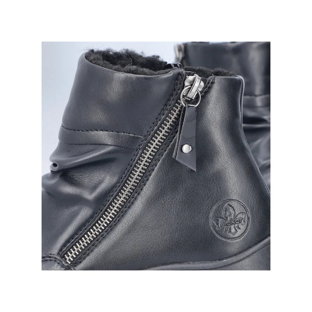 Rieker 59585-01 women's black ankle boots with ruched design, twin side zippers, faux leather finish, and cozy interior lining.