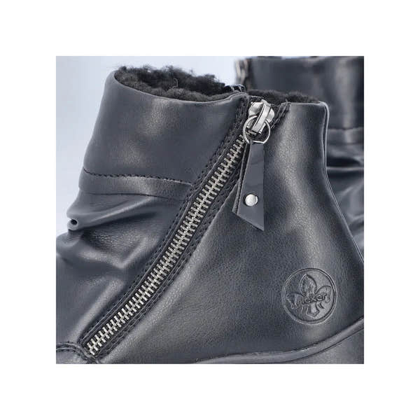 Rieker 59585-01 women's black ankle boots with ruched design, twin side zippers, faux leather finish, and cozy interior lining.