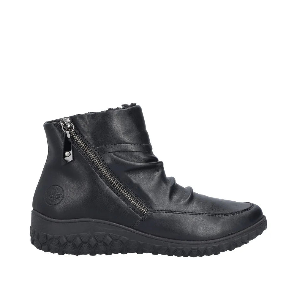 Rieker 59585-01 black ruched twin zip ankle boots for women with textured rubber outsole.