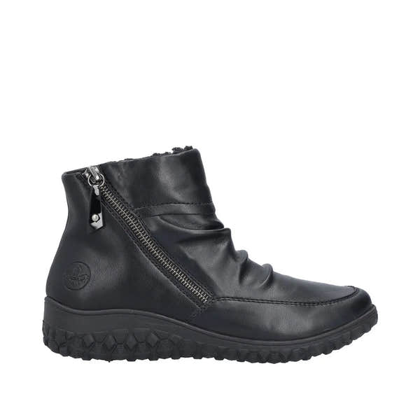 Rieker 59585-01 black ruched twin zip ankle boots for women with textured rubber outsole.