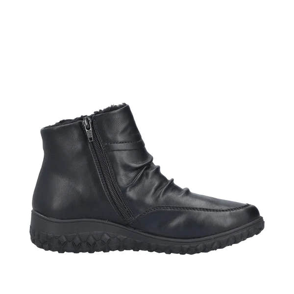 Rieker 59585-01 women's black ruched ankle boots with twin zippers and a textured rubber sole.