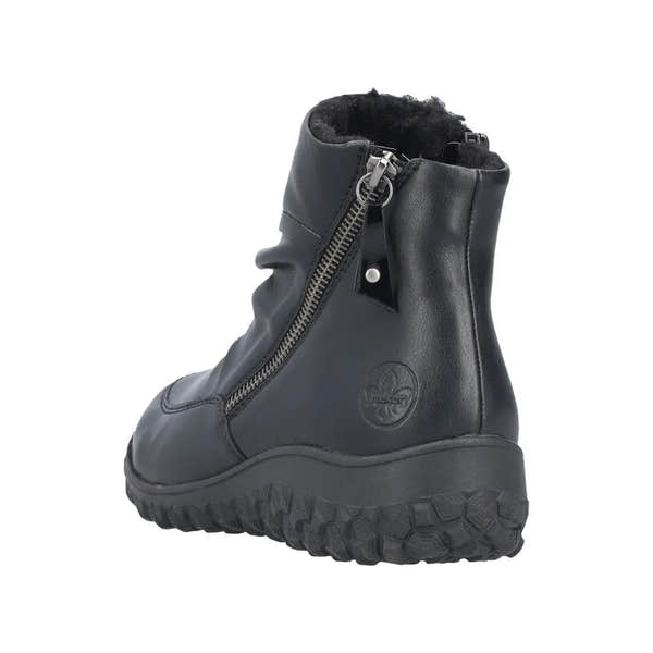 Rieker 59585-01 black ruched women's ankle boots with twin zippers, cushioned sole, and faux fur lining for comfort and style.