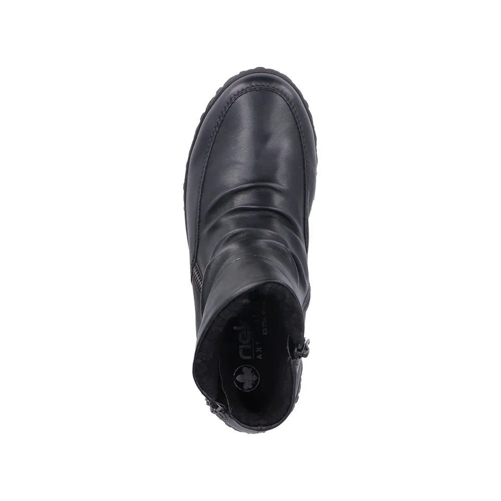 Rieker 59585-01 black ruched twin zip ankle boots for women with stylish design and easy zip closure.