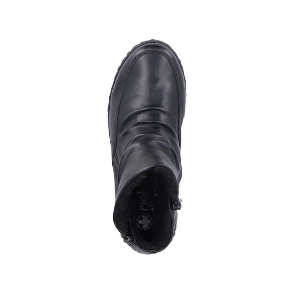 Rieker 59585-01 black ruched twin zip ankle boots for women with stylish design and easy zip closure.