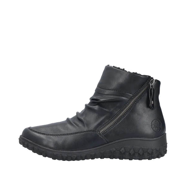 Rieker 59585-01 black ruched ladies ankle boots with twin zippers and textured rubber sole.