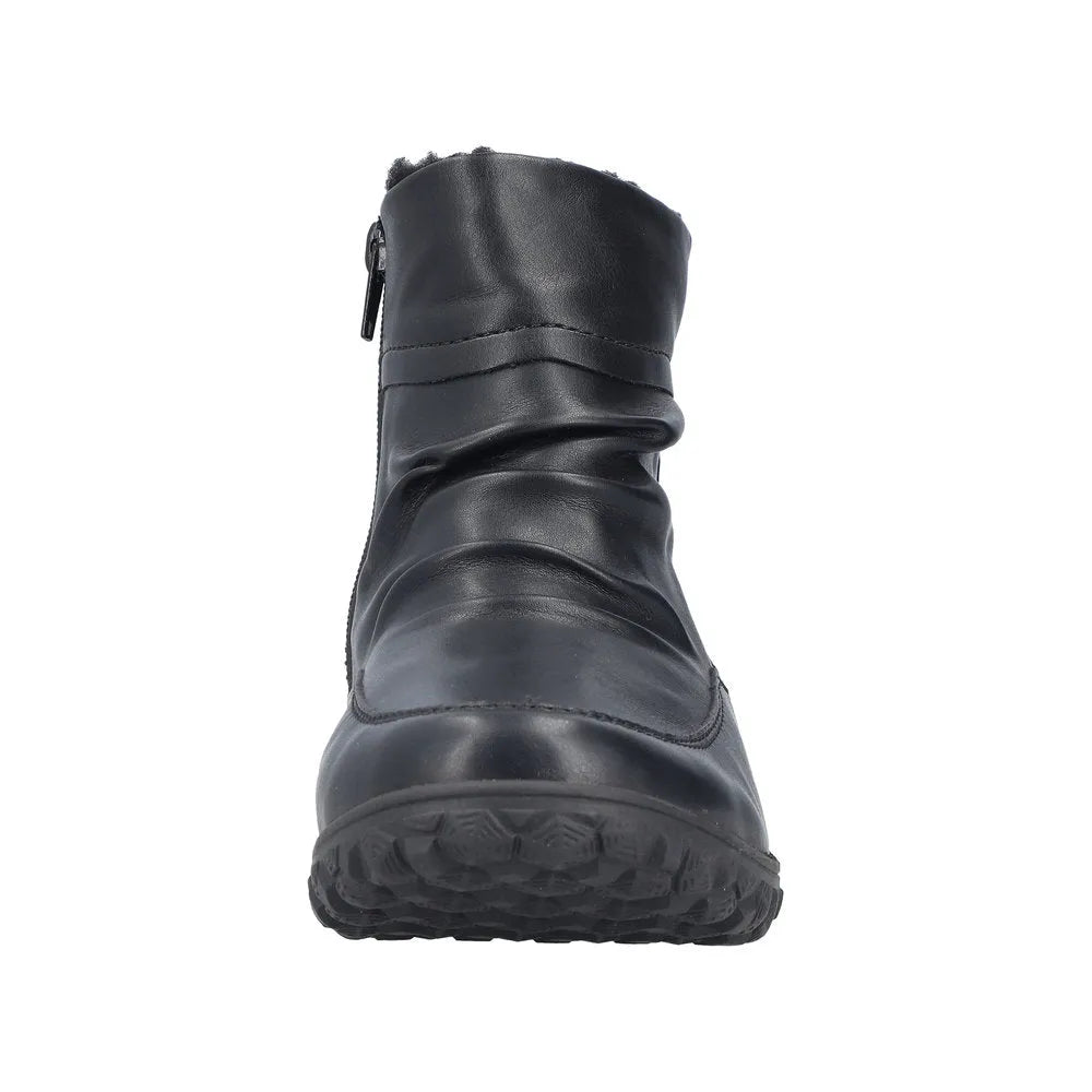 Rieker 59585-01 black women's ruched ankle boots with twin zippers and low heel, ideal for fall and winter wear.