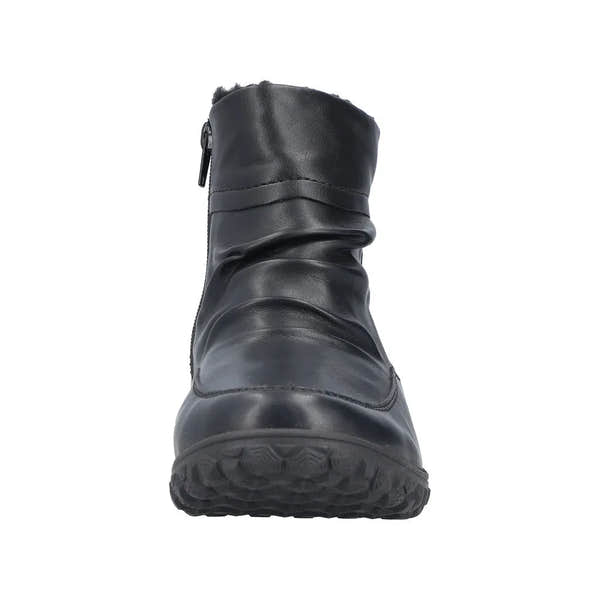 Rieker 59585-01 black women's ruched ankle boots with twin zippers and low heel, ideal for fall and winter wear.