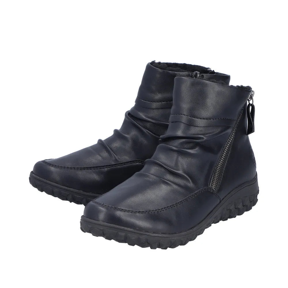 Rieker 59585-01 black ruched women's ankle boots with twin side zippers and rugged sole.