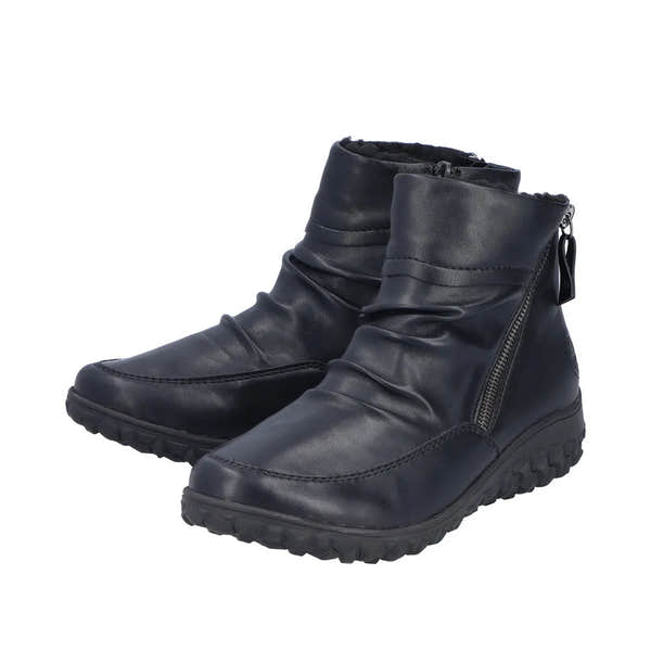 Rieker 59585-01 black ruched women's ankle boots with twin side zippers and rugged sole.