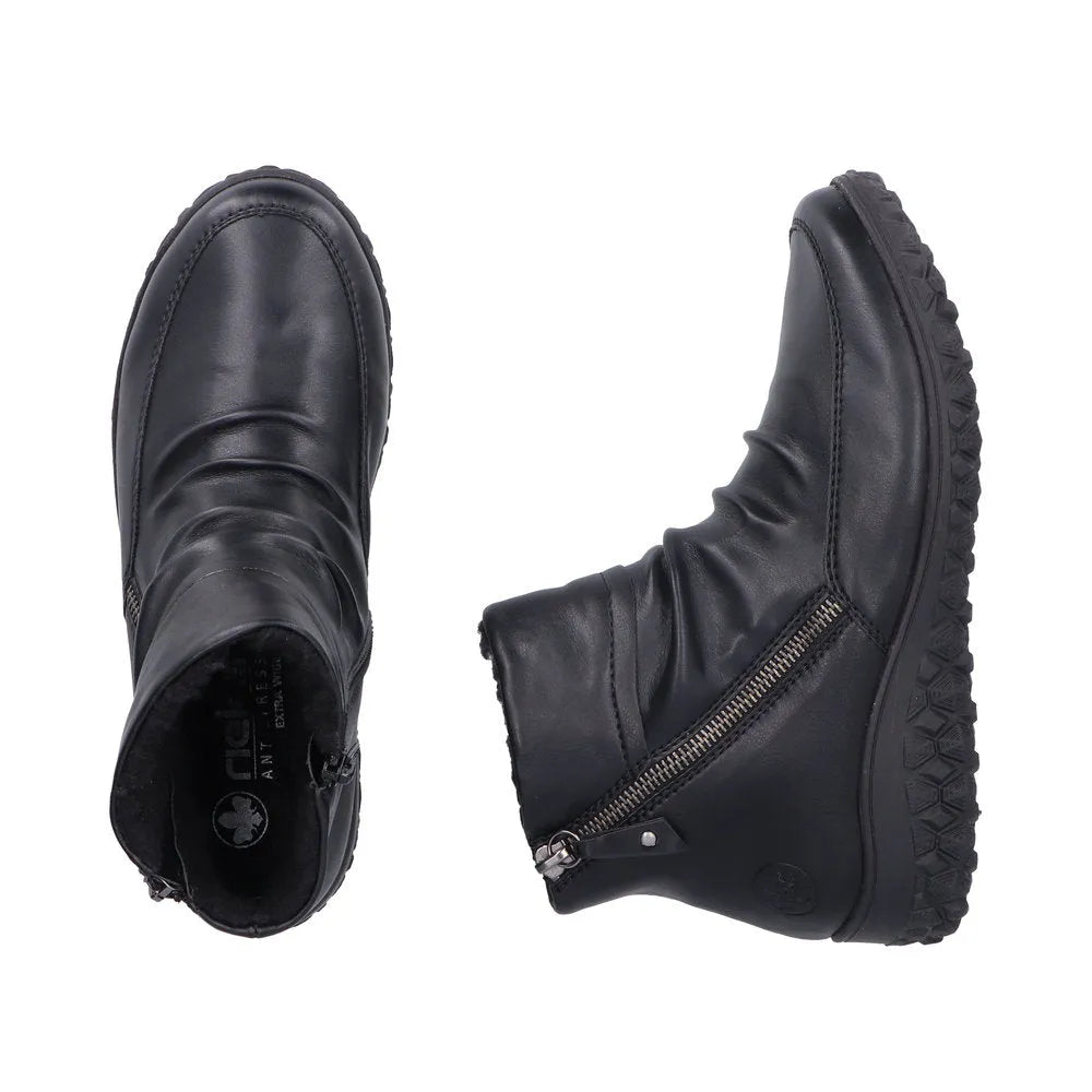 Rieker 59585-01 women's black ruched twin zip ankle boots with chunky sole and side zippers.