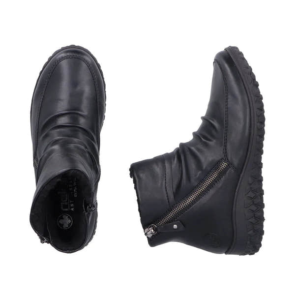 Rieker 59585-01 women's black ruched twin zip ankle boots with chunky sole and side zippers.