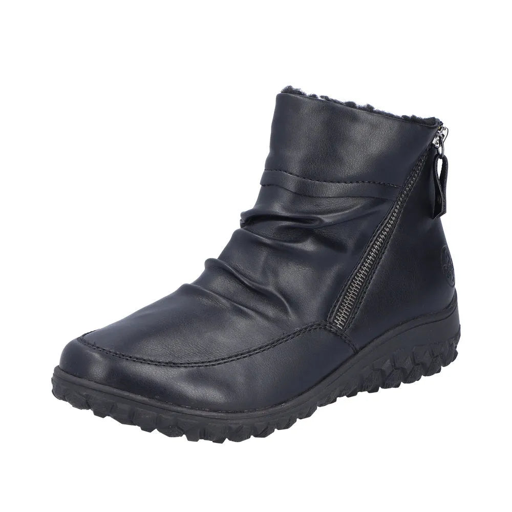 Rieker 59585-01 black ruched women's ankle boots with twin side zippers and cushioned sole.