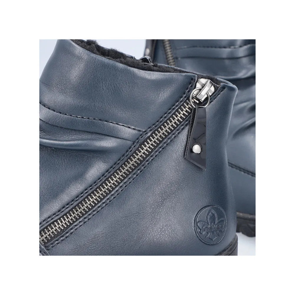Rieker 59585-14 women's blue ruched ankle boots with twin zippers and faux leather detailing.